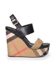 Brown Check Leather Wedge Sandals