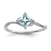 Sterling Silver Rhodium Plated Diamond u0026 Aquamarine Square Ring