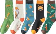 [EsOyl] Angelteers 5 Pairs Cute Animal Crew Socks Fun Casual Cotton Calf Socks for Women, Fox, One Size