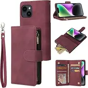 for iPhone 15 Wallet Case,for iPhone 15 Case,Boyobacase PU Leather Wallet Flip Cover Stand Feature[ 6 Card Slots and 1 Zipper Coin Pocket] with Wrist Strap-Wine Red