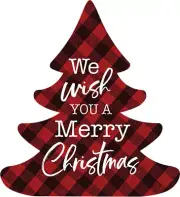 We Wish You A Merry Christmas Red Plaid 3.5 x 3.2 Pine Wood Christmas Shape Sign