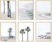 HAUS AND HUES Beach Wall Art – Set of 6 Coastal Beach Prints, Ocean-Themed Posters for Bedroom, Living Room, or Home (Beige Frame, 11x14)