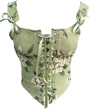 [Generic] Womens Vintage Floral Print Lace up Tie Front Corset Bustier Shapewear Top Floral Bustier Bodice, Green, XS