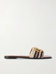 [Valentino Garavani] Valentino Garavani - Vlogo Leather-trimmed Crocheted Slides - Tan - IT39 IT 39 Brown