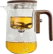 Glass Tea Infuser - Transparent Water Tea Filter Carafe with Wooden Handle, Leak Proof Tea Steeper Pot for Home, Workplace, Dorm, Home School