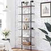 6 Tier Industrial Pipe Ladder Shelf, Brown Industrial Bookshelf 6-Tier Modern Ladder Shelf, Vintage Metal Pipes and Wood Shelves, Rustic Display Bookshelf for Storage Collection, Brown