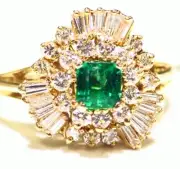 Vintage 18K Gold Natural Emerald White Diamond 1.43CT Fine Engagement Ring Halo