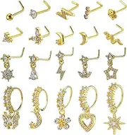 [Telooco] 20 Pcs L Shaped Nose Studs Nose Rings Stud Cubic Zirconia Zircon Flower Leaf Heart Shape Star Moon Butterfly Multi-Style Dangling Noses Ring Unisex Piercing Jewelry Set