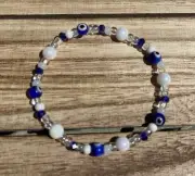 Beaded Stretch Bracelet Glass Bead Evil Eye Faux Pearl Jewelry Blue White Clear