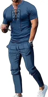 [HanzhuoLG] Men's Fashion Retro Tracksuit Set Summer Pure Color Stand Collar TieUp Short Sleeve T Shirt & Pants 2 Piece Set L Denim Blue