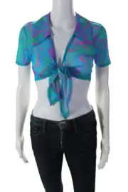 We Wore What Womens Mesh Abstract Print Tie Front Cropped Top Multicolor Size S