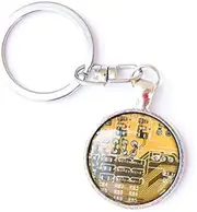 [jiefeng] Yellow Circuit Board Keychain,Computer Keyring,Original Keychain,Special Keychain,Keychain Accessories,Antique Pendant,Vintage Art picture,Glass Round Silver Keychain,