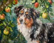 Australian Shepherd painting in a lush orchard 8x10 Print