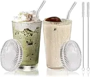 DAMCONME Ribbed Glass Cups with Lids and Straws, 375ml Iced Coffee Tumbler,Vintage Fluted Glass for Water, Juice, Milk, Soda, Reusable Drinking Cup with Cleaning Brush, 2 Pack
