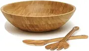 Bamboo Salad Bowl with 2 Serving Utensils Spoon Wood Round Salad Bowl Mixing Bowl