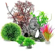 Aquarium Decorations Plants, 8Pcs Artificial Fish Tank Plants and Rock Decor Set, Fish Tank Accessory, Fish Tank Decor, Plastic Plants