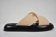 Chanel Beige Black Fabric Criss Cross Puffy CC Logo Slide Mule Sandal Flat 39