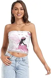 [RPLIFE] Fairy Flowers Butterflies Pink Cropped Tube Top Mesh Tube Tops, Strapless Crop Top, Tube Tops Summer (S)