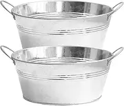 Galvanised Planter Tub 2Pcs Large Round With Sturdy Handles 9.76x4.33 Inch Metal Zinc for Planting, Drinks Cooler, Ice Bucket
