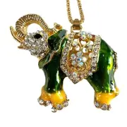 Betsey Johnson Green Crystal Elephant Pendant Necklace Gold Tone