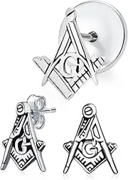 [Bling Jewelry] Unisex Compass Masonic Freemason Push Pin Pendant Stud Earrings For Women Oxidized .925 Sterling Silver