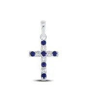 14k White Gold Round Created Blue Sapphire Cross Pendant 1/3 Cttw
