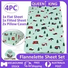 4pcs Flannelette Sheet Set Flannel Cotton Flat Fitted 40ccm Wall - QUEEN KING AU