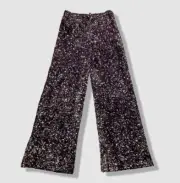 $355 Badgley Mischka Women's Purple High-Rise Sequin Velvet Wide-Leg Pants 14