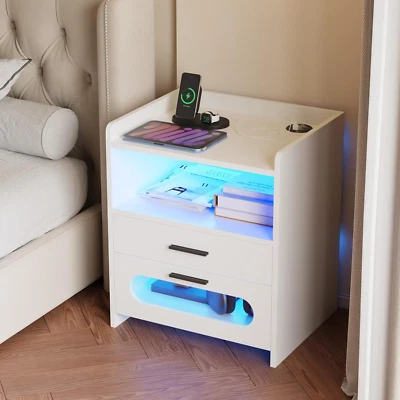 Bedside Table 2 Drawers, Nightstand with RGB LED Light, Side Table with Wireless