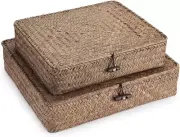 Set of 2 Flat Woven Wicker Storage Bins with Lid Natural Seagrass Basket Multipu