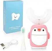 Kids Sonic Electric Toothbrush U Shaped Automatic Timer IPX7 Waterproof 5 Modes 360° Oral Cleaning Teeth Whitening Gums Massage Replaceable Soft Cartoon for 2-7 (Pink Penguin)