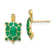 14K Yellow Gold Land Turtle W/Green Enamel Shell Earrings
