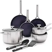 [Blue Diamond] Cookware Triple Steel Stainless Steel Diamond Reinforced Ceramic Nonstick 11 Piece Cookware Pots and Pans Set, Frying Pans, Chef Stockpot, PFAS-Free, Multi Clad,Induction,Oven Safe,Silver