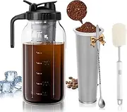 Cafultgo 64 Oz Cold Brew Coffee Maker with Stainless Steel Filter, 2 Quart Heavy Duty Iced Coffee Maker Pour Spout Handle Lid, Cleaning Brush and Spoon, for Iced Coffee, Fruit Drinks(Black)