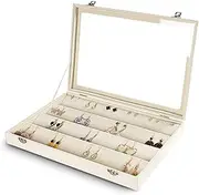 Frebeauty Earring Organizer Tray with Clear Lid 64 Slots Velvet Drawer Insert Earring Storage box with Transparent Glass lid Jewelry Display Case Store Showcase Gifts for Women(Beige, Earrings)