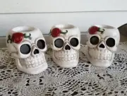 Set of (3) Ceramic Rose Skull Tea Light Votive Candle Holders Halloween Decor