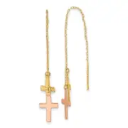 Real 14kt Yellow & Rose Diamond Cut Polished Crosses Threader Earrings