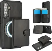 for Samsung Galaxy S25 Plus Case with 2 in 1 Detachable Magnetic Wallet, 4 Card Slots and Cash Slot,Compatible with MagSafe, RFlD Blocking Premium PU Leather Wireless Charging-Black