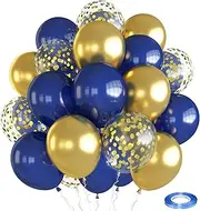 Navy Blue and Gold 12 Inch Metallic Chrome Balloons Set - Confetti Latex Helium Balloons for Boys Birthday, Wedding, Baby Shower Party Decorations