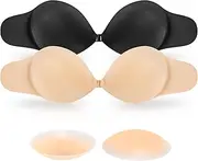 [Voxshe] Adhesive Bra Sticky Bra Push Up 2 Pairs, Invisible Lift Up Bras with 2 Pairs Nipple Breast Covers Strapless Backless Bra