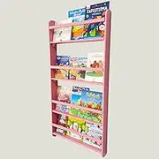 Wooden Handmade Montessori Wall Mounted Kids Bookshelf, 4-Tier Book Organizer for Child Bedroom, Nursery Interior Furniture Library, Solid Pine Wood Book Organiser for Living Room (Pink)
