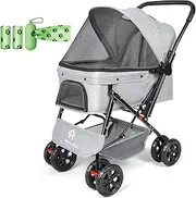 Wefrib Foldable Cat & Dog Stroller with Storage Basket, 360 Swivel Wheels & Brake, Lightweight Travel Stroller for Small & Medium Dogs (Grey)