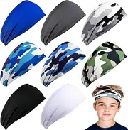 [OLIKER] 8 PCS Sweatbands for Kids, Non Slip Breathable Sweat Absorbing Headbands for Boys and Girls, Multicolour Elastic Athletic Kids Headbands for Basketball, Football, Baseball, Running, Exercise