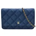 【CHANEL 香奈兒】經典雙C LOGO菱格紋牛仔布金鍊WOC斜背包(藍色AP0250-DENIM-GP)