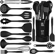Dishwasher Safe Silicone Cooking Utensils Set - 446°F Heat Resistant Basic Silicone Kitchen Utensils,Turner Tongs, Spatula, Spoon, Brush, Whisk, Gadgets Tools for Nonstick Cookware (BPA Free - Black)