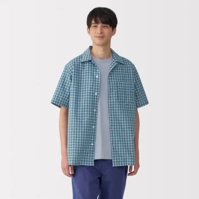 MUJI Mens 100% Organic Cotton Madras Check Open Collar Shirt Green FedEx