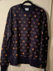 Champion Logo Navy Men’s Reverse Weave Crew Neck Sweatshirt Size Large