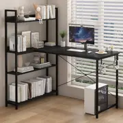 Advwin 120cm L Shaped Computer Desk with Reversible Storage Shelves Corner Desk with Bookshelf and Side Hook Black