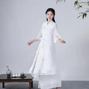 春秋款系帶漢服仙女棉麻真絲鄒雙層白色大擺連衣長裙 禪意茶服