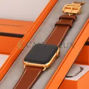 24K Apple Watch Series 9 Custom Gold Plated Hermes 45mm Fauve Barenia Deployment